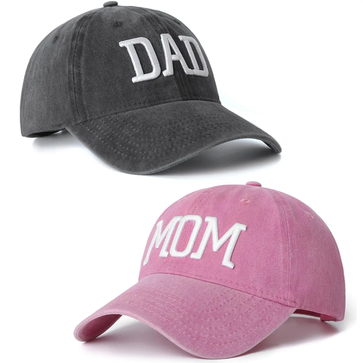 Aeonda Mom Dad Embroidered Baseball Caps Set of 2 Adjustable Cotton Hats | Pigment-Dyed Vintage Style - main product image