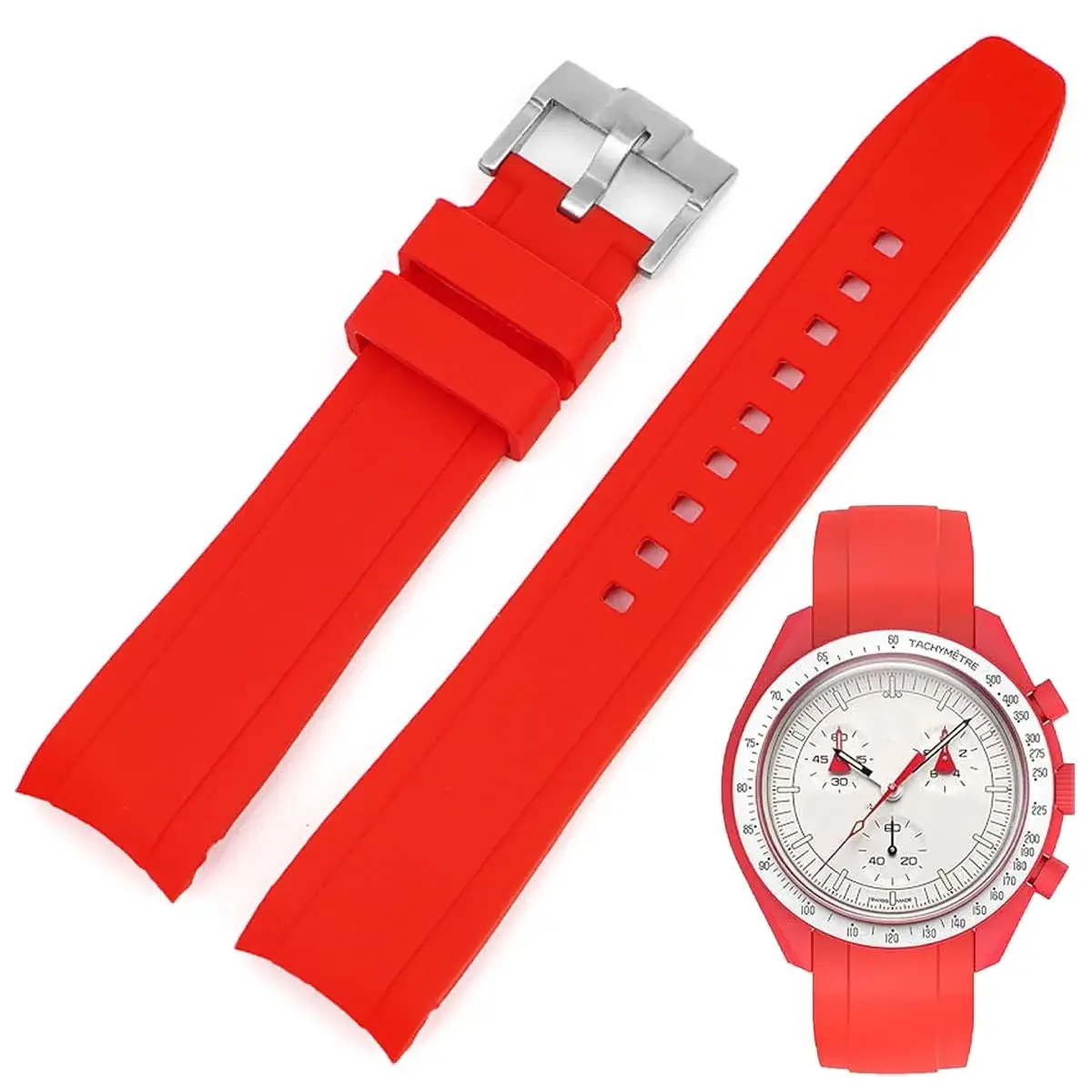 Niziruoup Red Silicone Watch Band for Omega x Swatch Moonswatch 20mm (0.79 inch) | Curved End No Gap - view 8