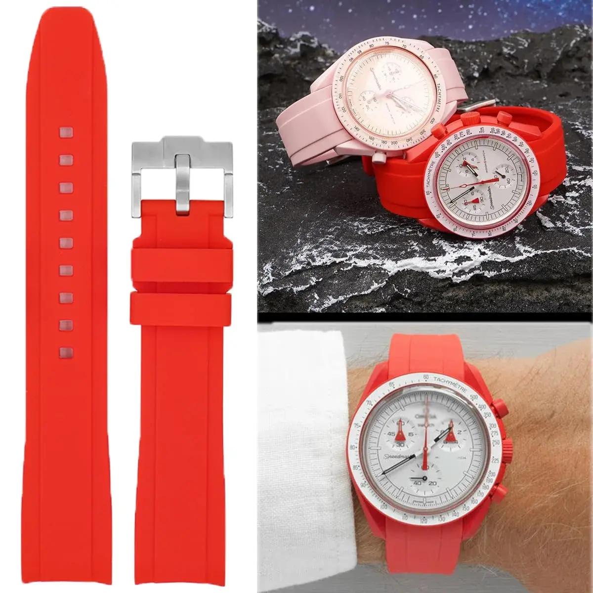 Niziruoup Red Silicone Watch Band for Omega x Swatch Moonswatch 20mm (0.79 inch) | Curved End No Gap - view 2