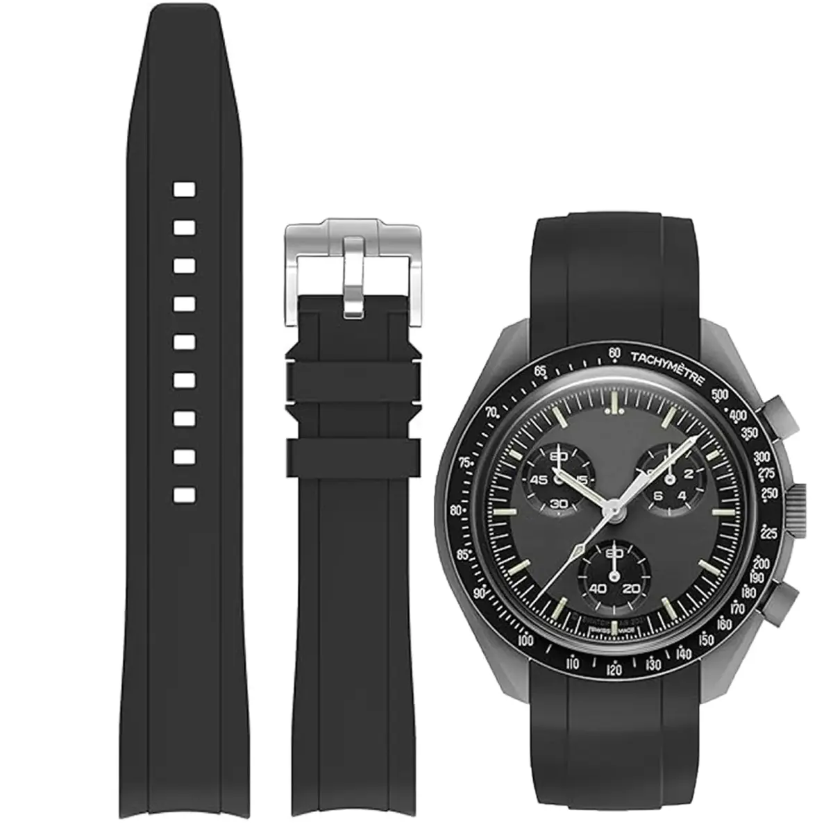 Niziruoup 20mm Silicone Watch Strap | Curved End No Gap Black Band for Omega X Swatch Moonswatch - main product image