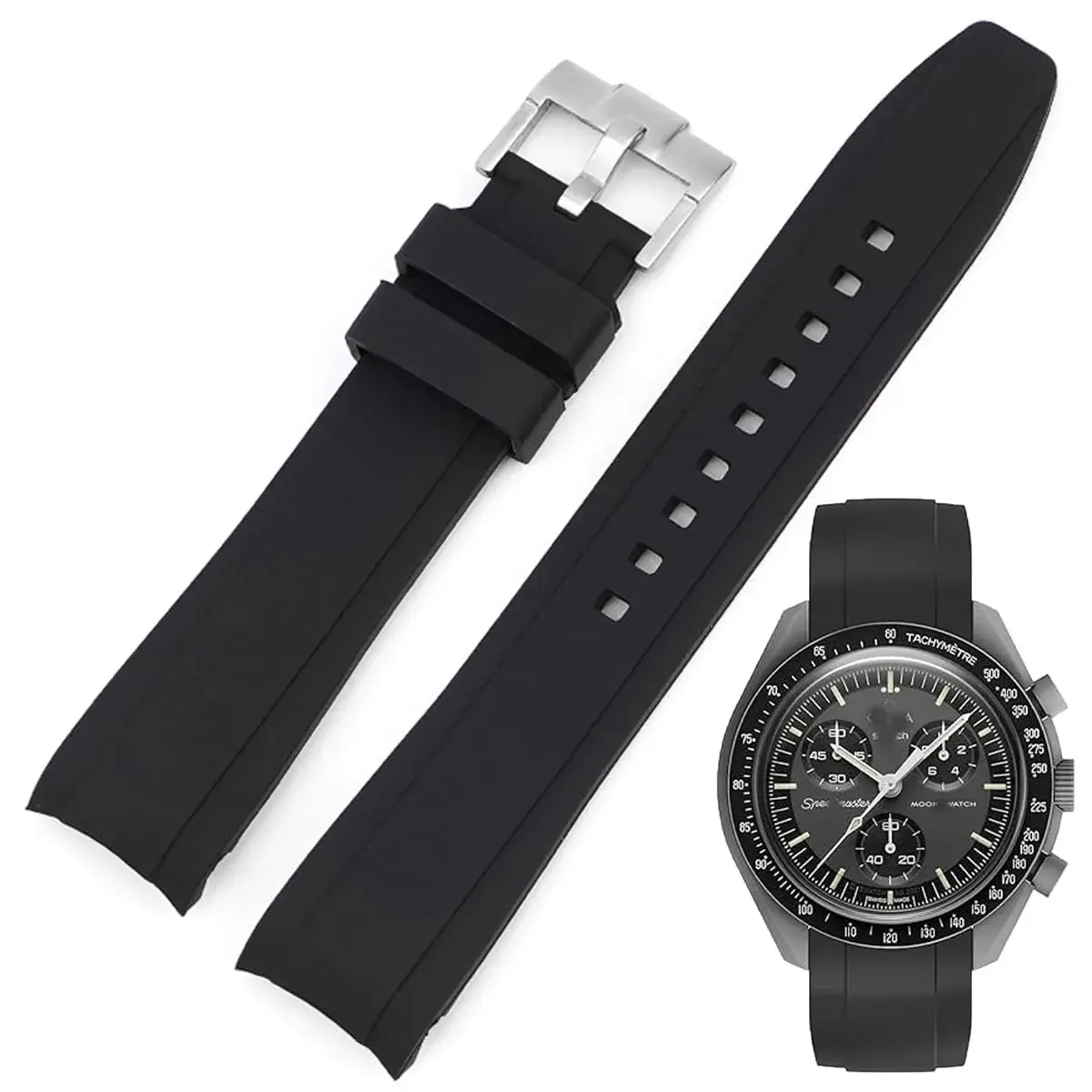 Niziruoup 20mm Silicone Watch Strap | Curved End No Gap Black Band for Omega X Swatch Moonswatch - view 8