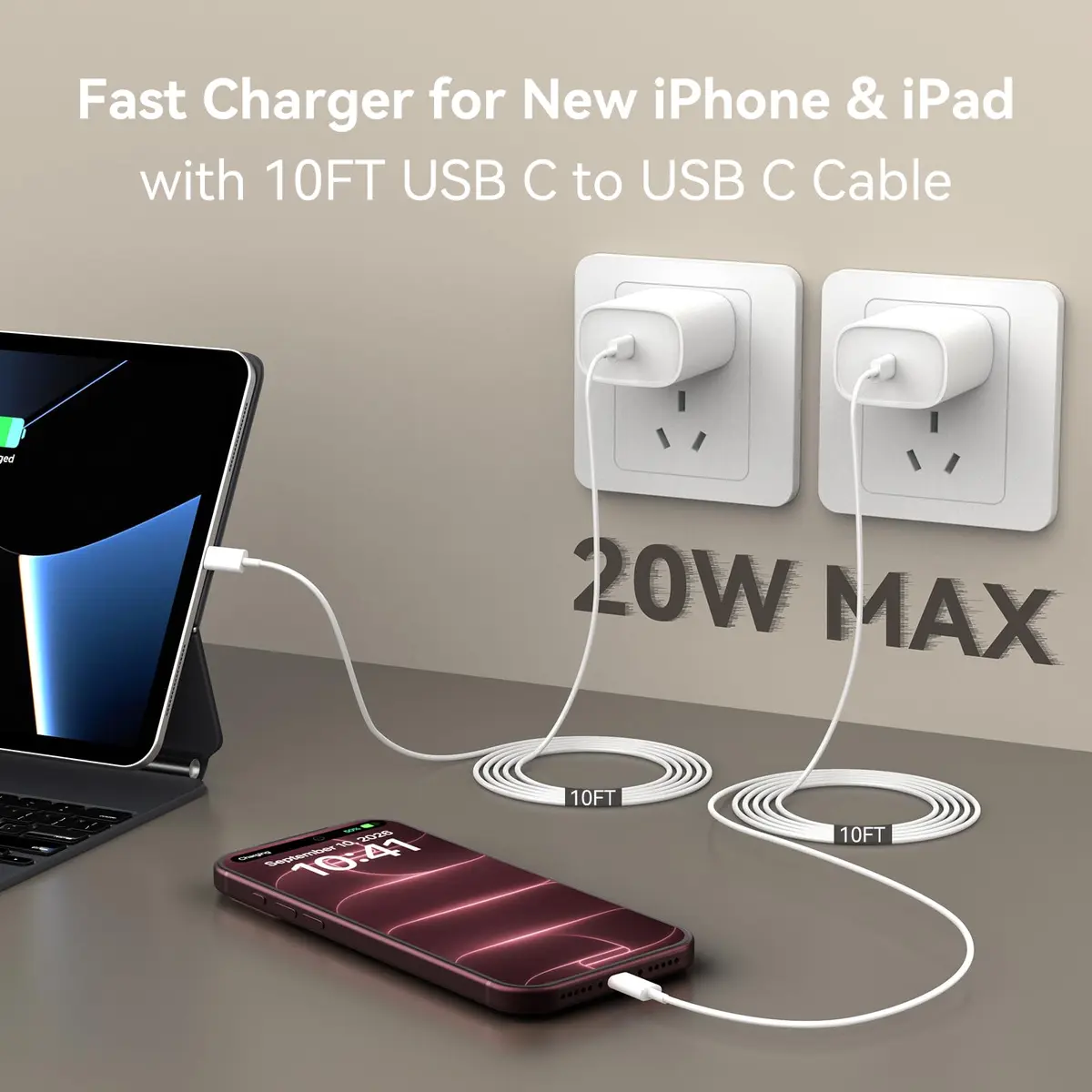 Ubearkk iPhone 18/17/16/15 Pro Max Charger 20W 10 FT USB C Cable | Fast Charging & Long Cord - view 3
