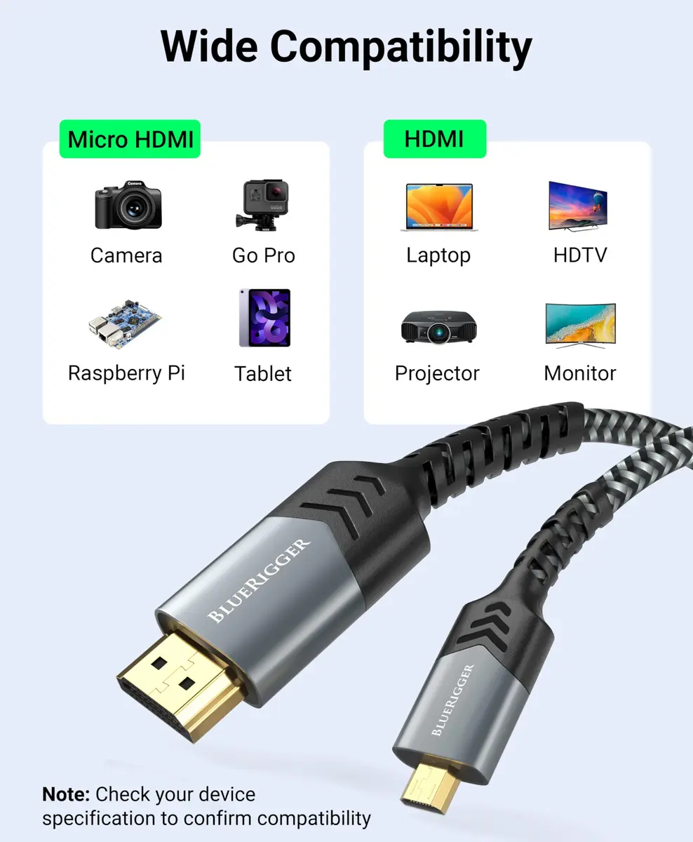 BlueRigger 4.57m (15FT) Micro HDMI to HDMI Cable | 4K@60Hz HDR, 18Gbps Braided Cord - view 5