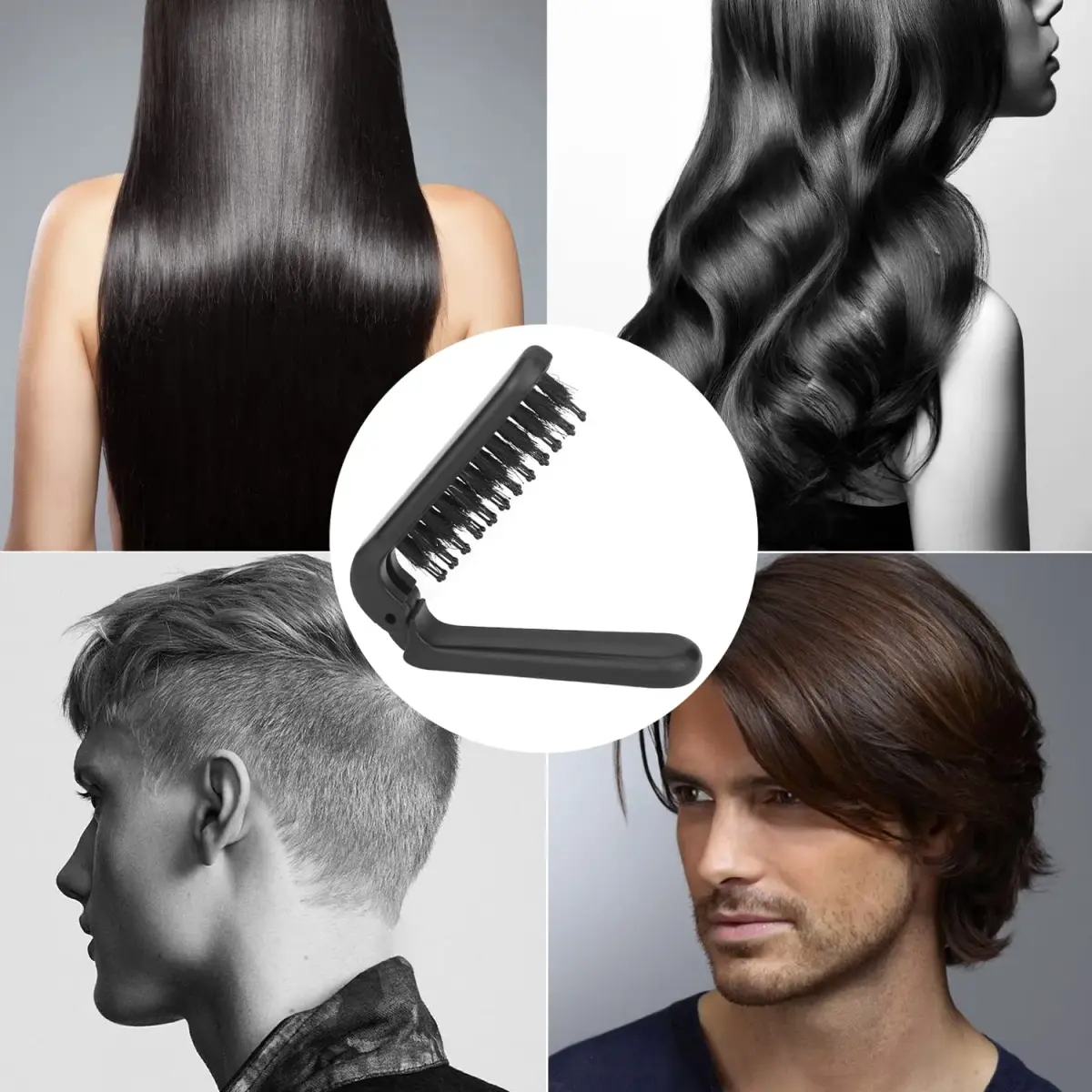 Ancable 2Pcs Folding Hair Brush with Boar Bristle & Nylon Needles, Black | Detangles & Smooths Hair - view 5