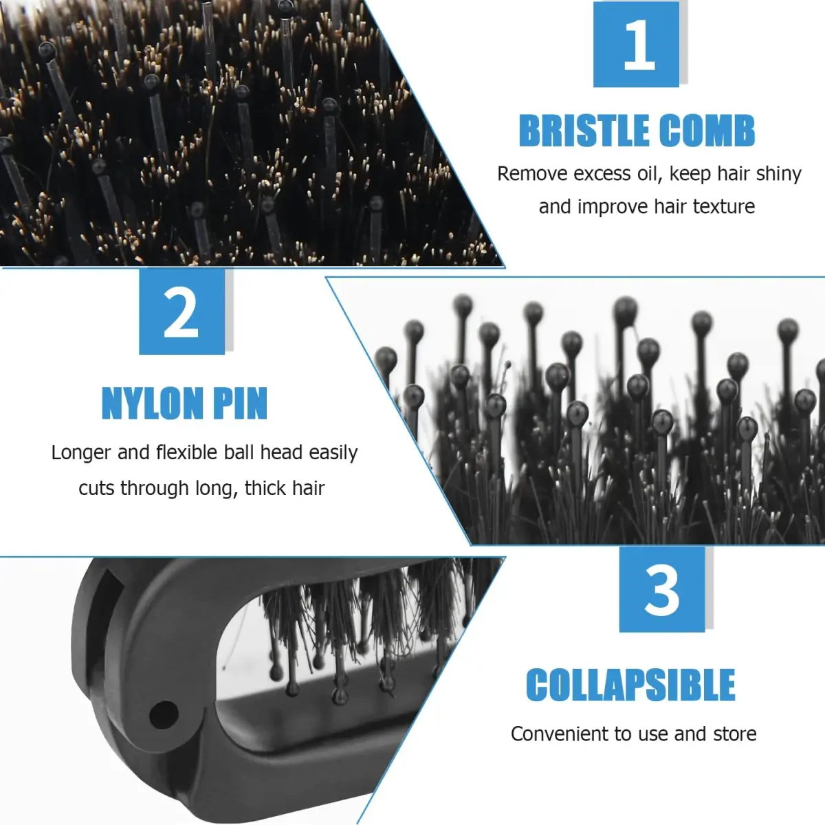 Ancable 2Pcs Folding Hair Brush with Boar Bristle & Nylon Needles, Black | Detangles & Smooths Hair - view 2