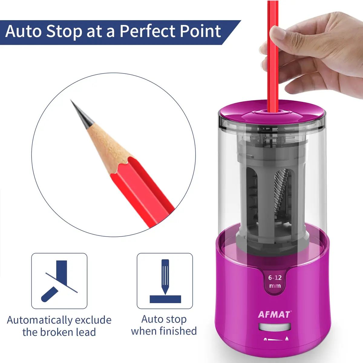 AFMAT Electric Pencil Sharpener for Colored Pencils, Auto Stop, Fast Sharpen in 3s, Large Hole Pencil Sharpener Plug in for 6-12mm No.2/Jumbo Pencils PS91 (Rose Red) - view 4