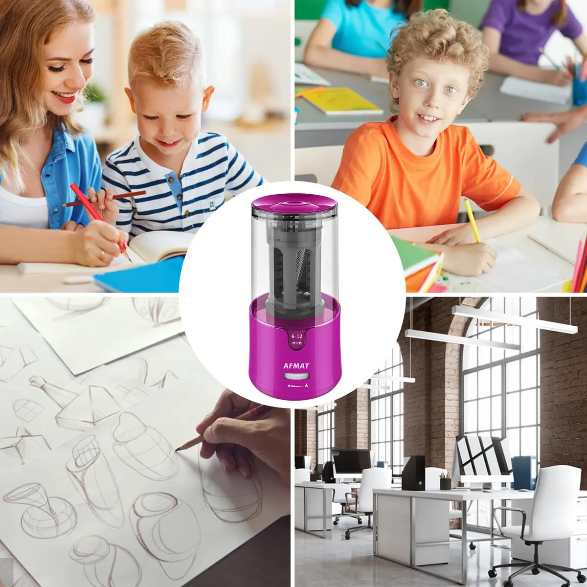 AFMAT Electric Pencil Sharpener for Colored Pencils, Auto Stop, Fast Sharpen in 3s, Large Hole Pencil Sharpener Plug in for 6-12mm No.2/Jumbo Pencils PS91 (Rose Red) - view 7