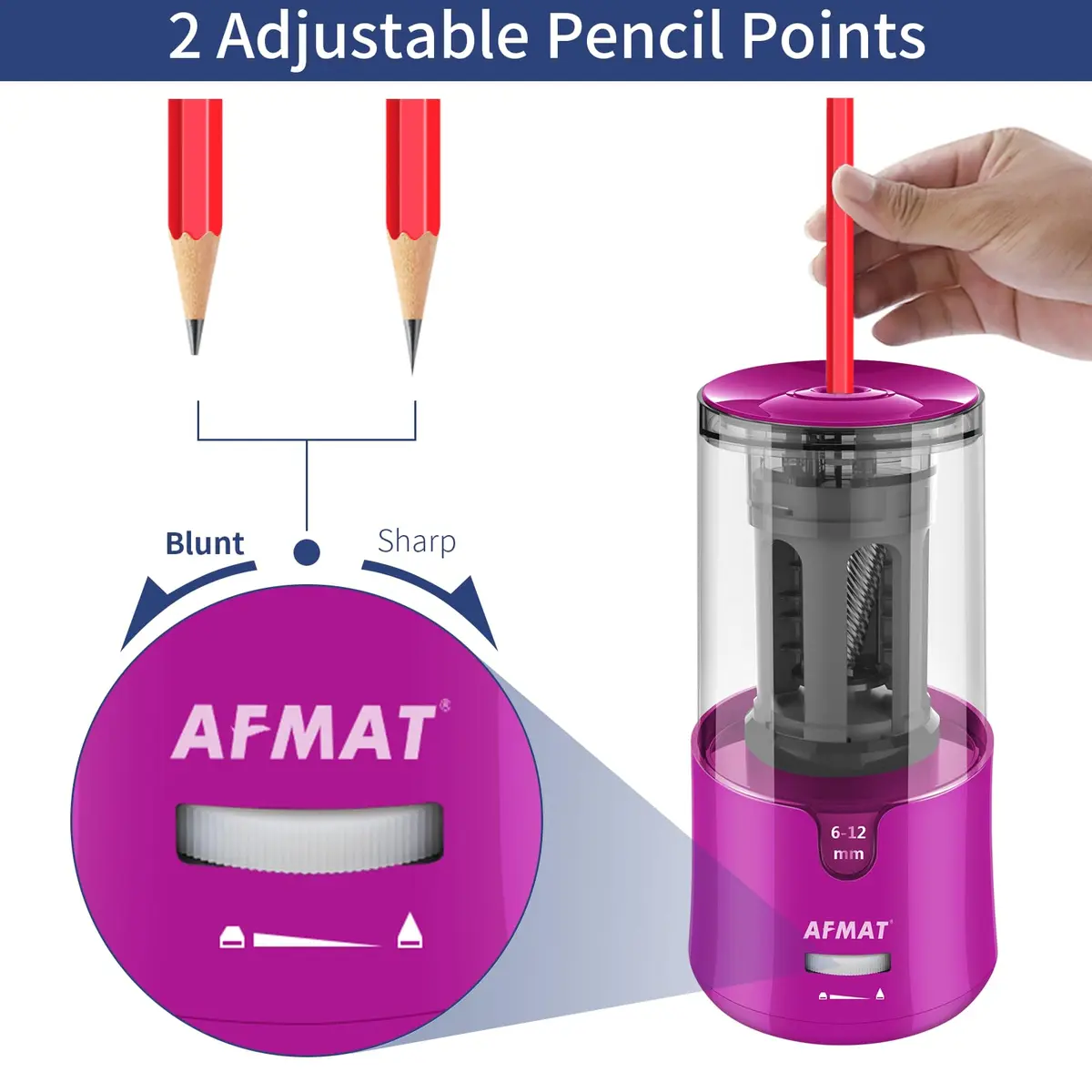 AFMAT Electric Pencil Sharpener for Colored Pencils, Auto Stop, Fast Sharpen in 3s, Large Hole Pencil Sharpener Plug in for 6-12mm No.2/Jumbo Pencils PS91 (Rose Red) - view 2