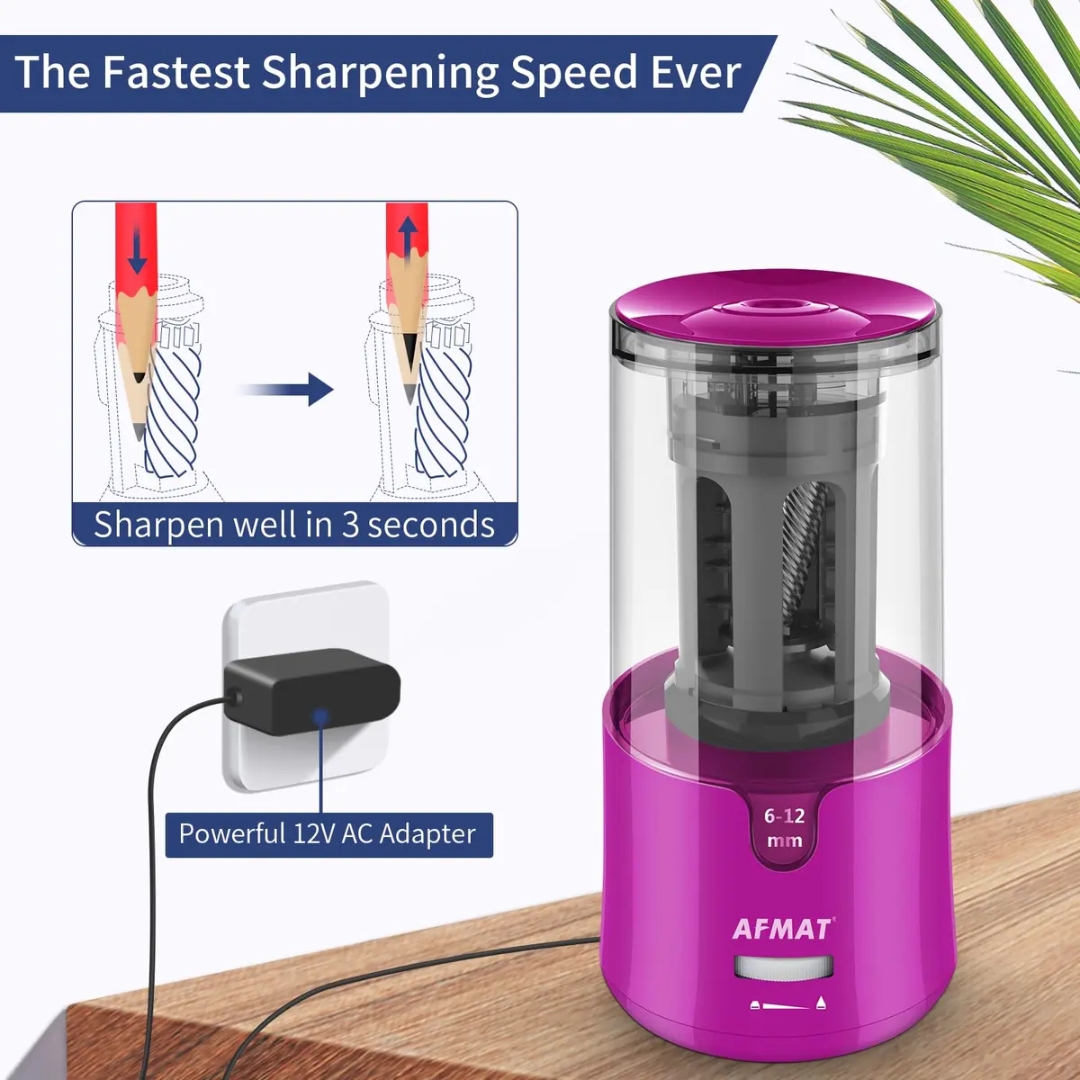 AFMAT Electric Pencil Sharpener for Colored Pencils, Auto Stop, Fast Sharpen in 3s, Large Hole Pencil Sharpener Plug in for 6-12mm No.2/Jumbo Pencils PS91 (Rose Red) - view 3
