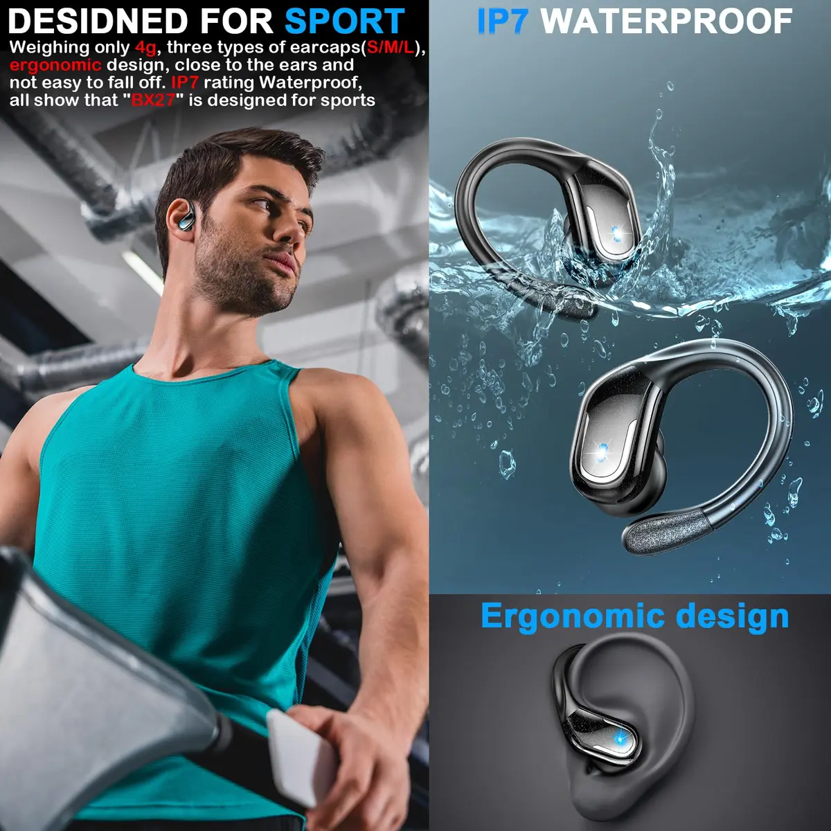 Ltinist Wireless Earbuds with Earhooks, 75Hrs Playtime, IP7 Waterproof, ENC Noise Cancelling, Bluetooth 5.4, Deep Bass (Black) - view 4