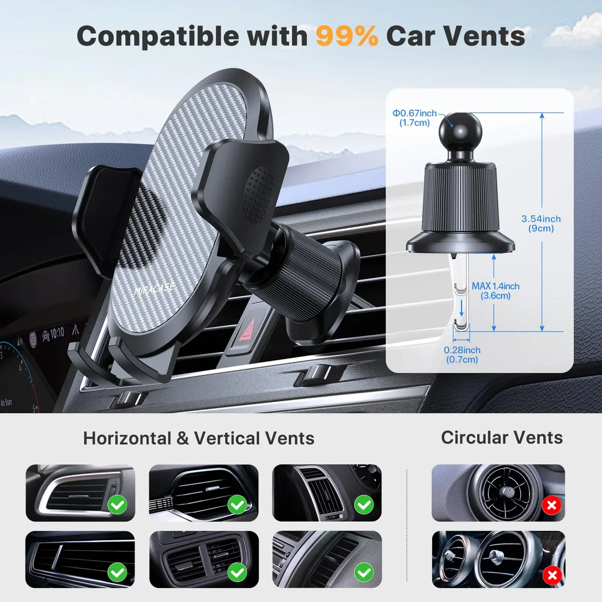 Miracase Car Phone Holder with Metal Hook Clip | Universal Air Vent Mount for Smartphones, Garmin GPS, iPhone & Android, Dark Black - view 2