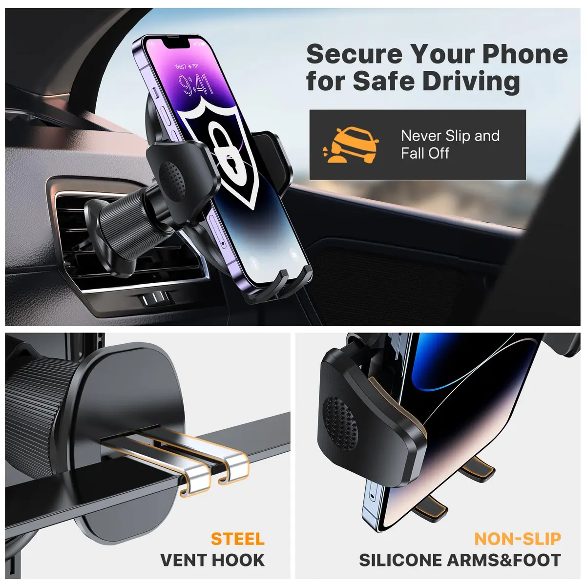 Miracase Car Phone Holder with Metal Hook Clip | Universal Air Vent Mount for Smartphones, Garmin GPS, iPhone & Android, Dark Black - view 4