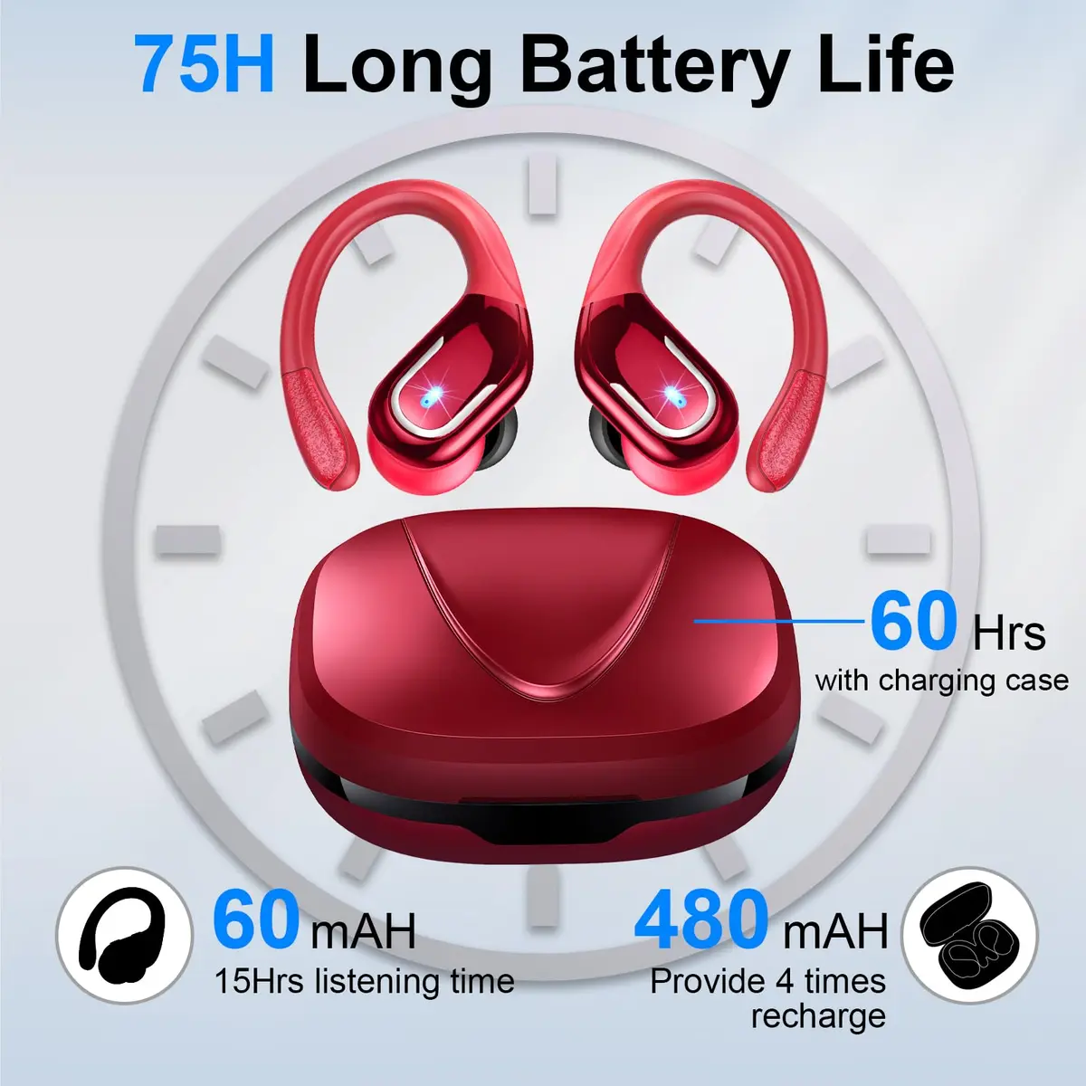 Ltinist Wireless Earbud 75Hrs Bluetooth 5.4 Waterproof IP7 Earphones with ENC Noise Canceling Mics, Deep Bass, Earhooks for Android, iOS, Workout, Gym - view 4