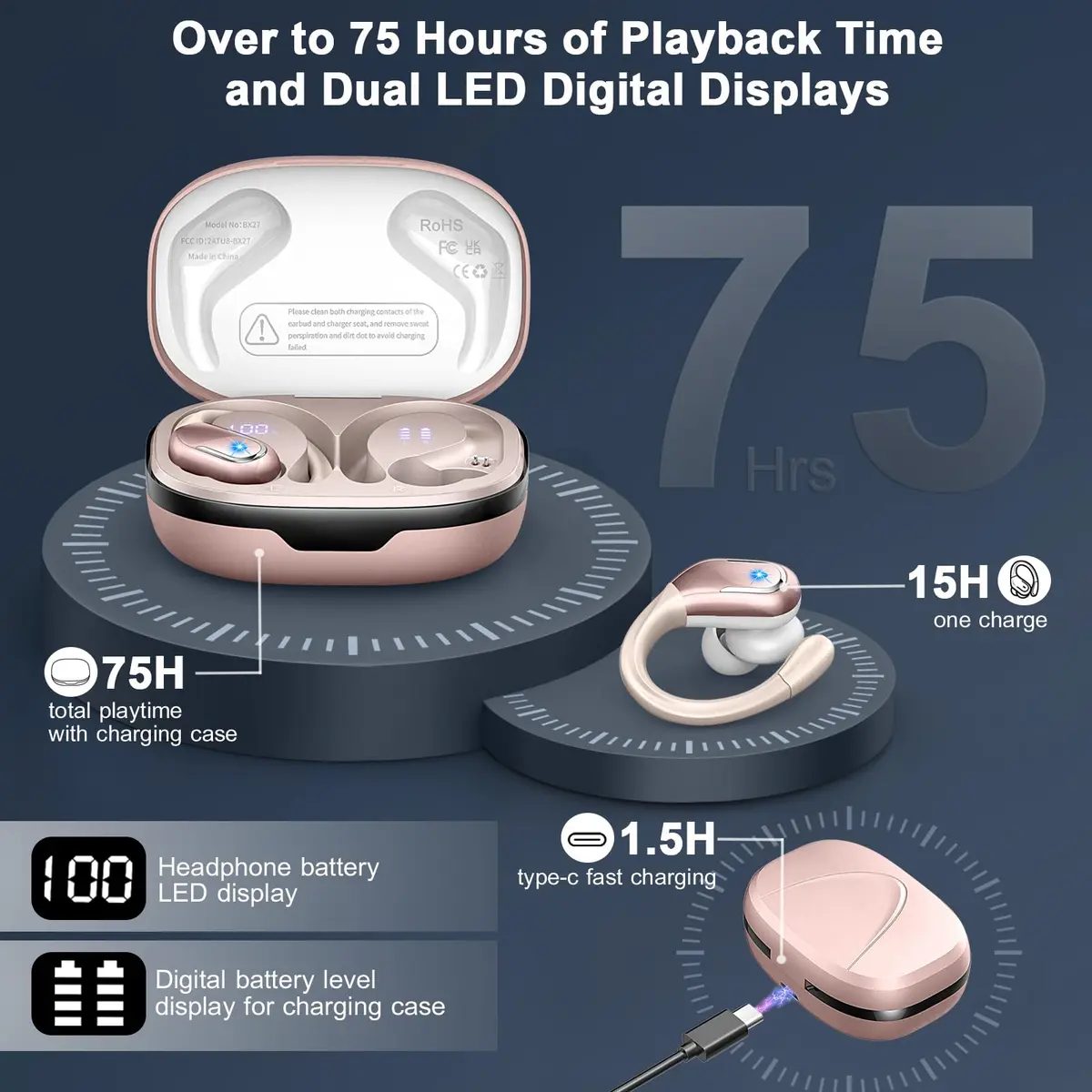 Ltinist Wireless Earbud with Bluetooth 5.4, 75H Playtime, Waterproof IP7, ENC Noise Canceling Mic, Rosegold - view 4