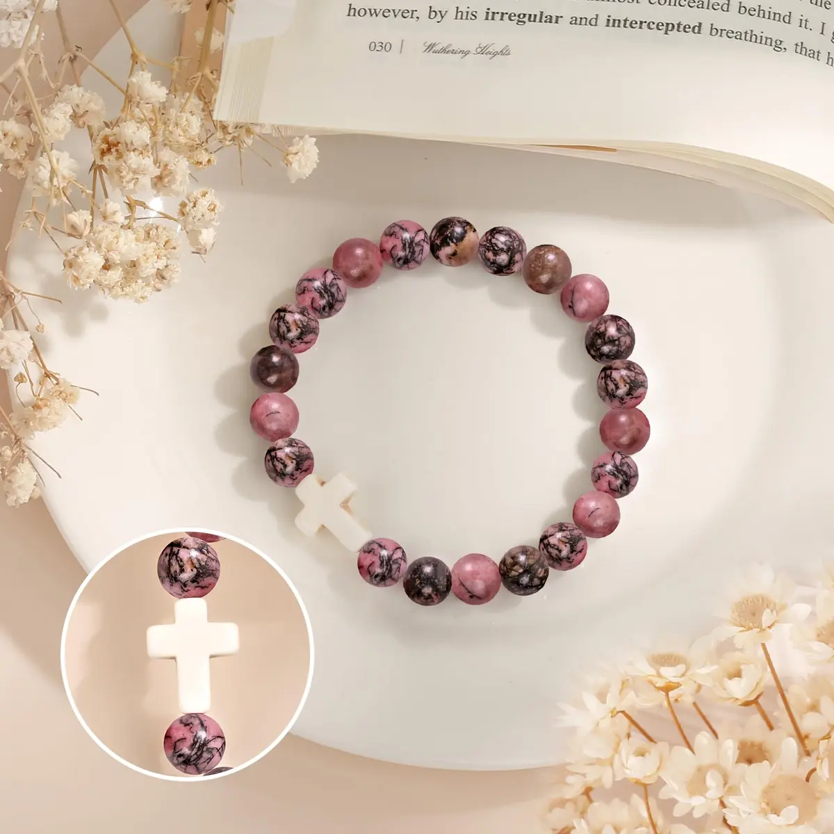 Paderast Red Natural Stone Cross Bracelet 17.8 cm (7") | Inspirational Faith Jewelry for Women - view 5