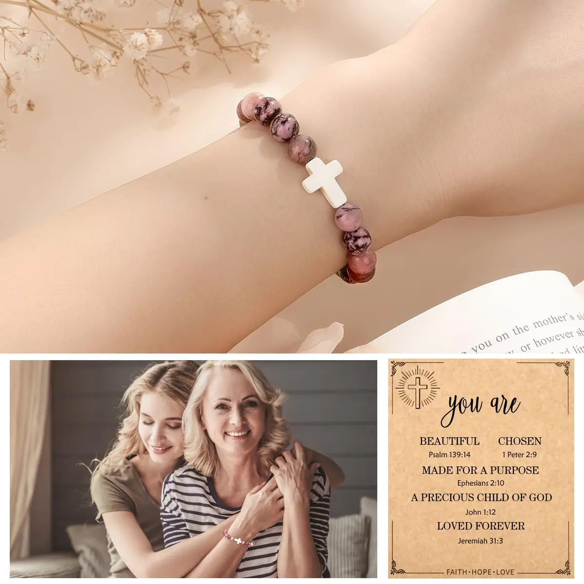 Paderast Red Natural Stone Cross Bracelet 17.8 cm (7") | Inspirational Faith Jewelry for Women - view 2