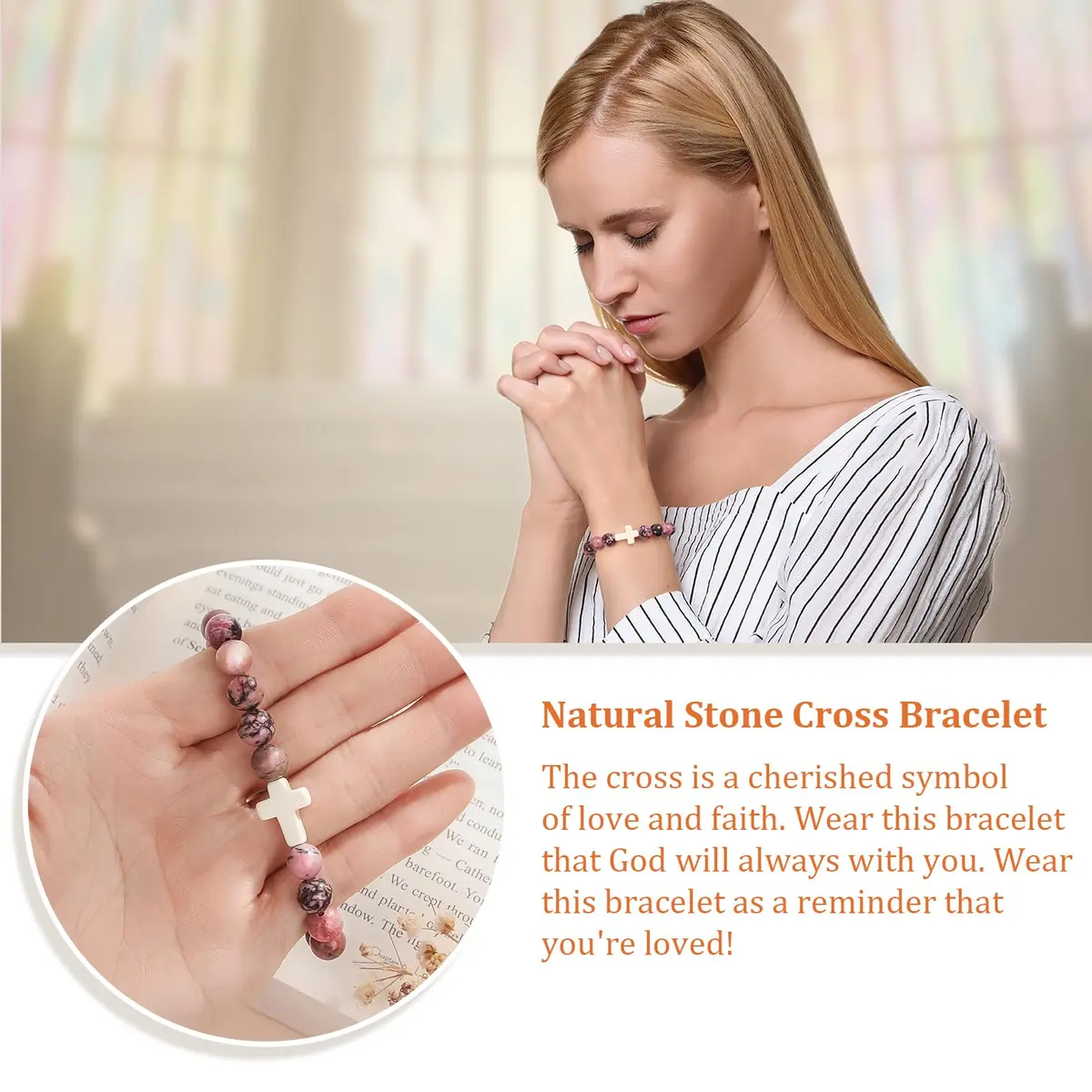 Paderast Red Natural Stone Cross Bracelet 17.8 cm (7") | Inspirational Faith Jewelry for Women - view 3