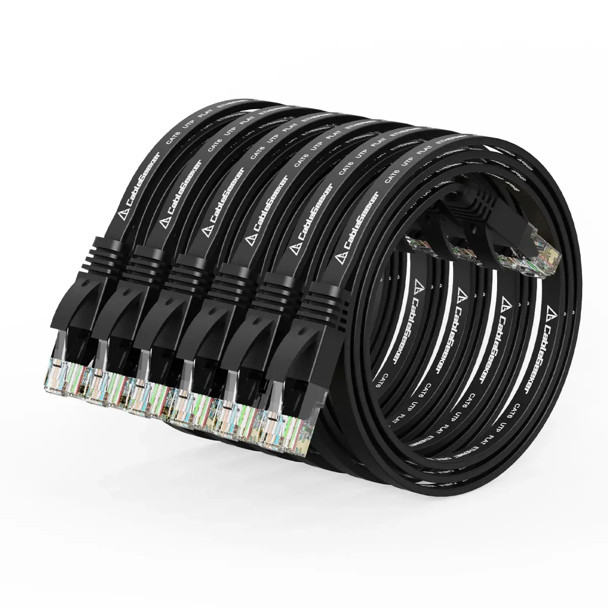 CableGeeker Cat 6 Flat Ethernet Cable 1ft Black-Flat (6 Pack) - High Speed Network Cord - main product image