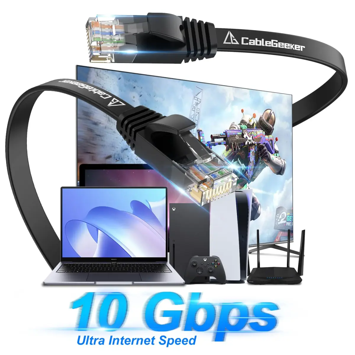 CableGeeker Cat 6 Flat Ethernet Cable 1ft Black-Flat (6 Pack) - High Speed Network Cord - view 2