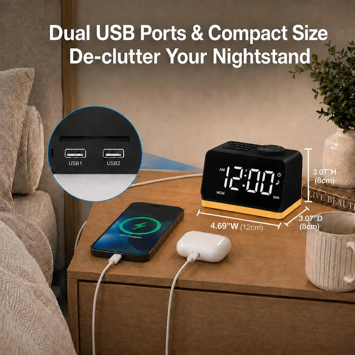 JALL Digital Alarm Clock with FM Radio, 8 Colors Night Light, Dual Alarm, Loud Alarm, Seniors Gift | Easy to Use, Compact - view 5