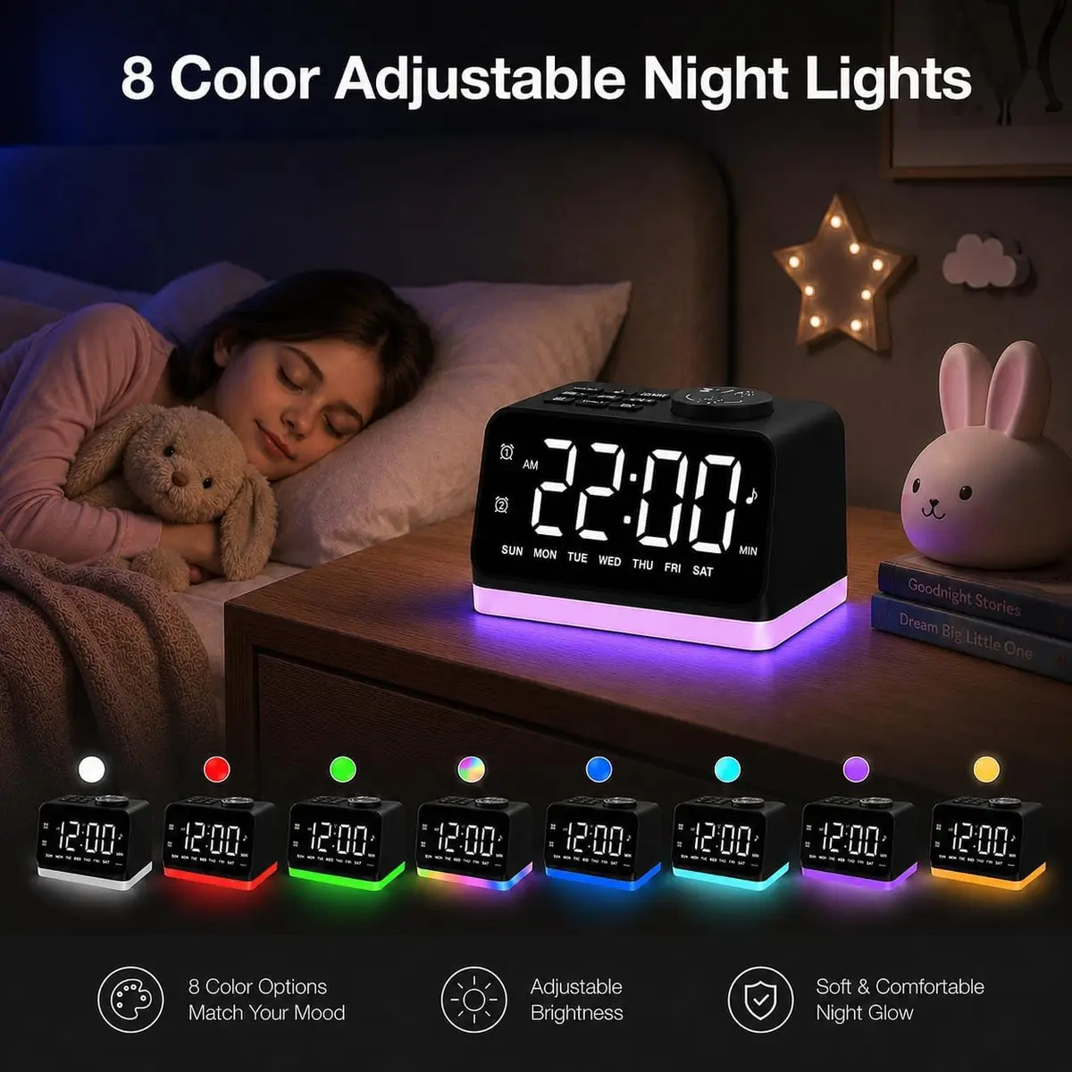 JALL Digital Alarm Clock with FM Radio, 8 Colors Night Light, Dual Alarm, Loud Alarm, Seniors Gift | Easy to Use, Compact - view 7