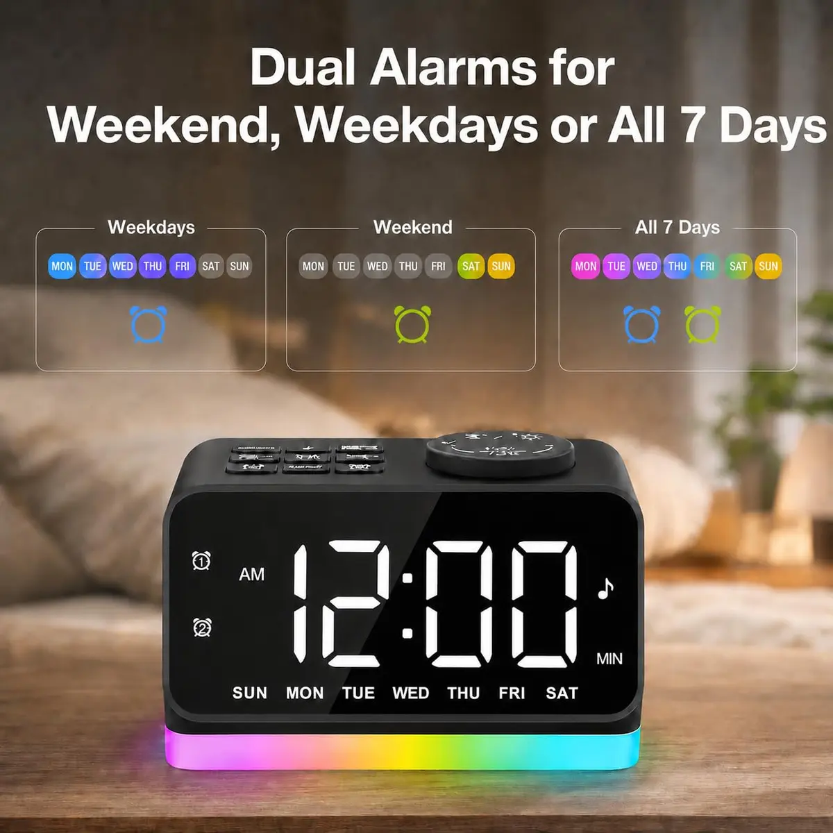 JALL Digital Alarm Clock with FM Radio, 8 Colors Night Light, Dual Alarm, Loud Alarm, Seniors Gift | Easy to Use, Compact - view 3