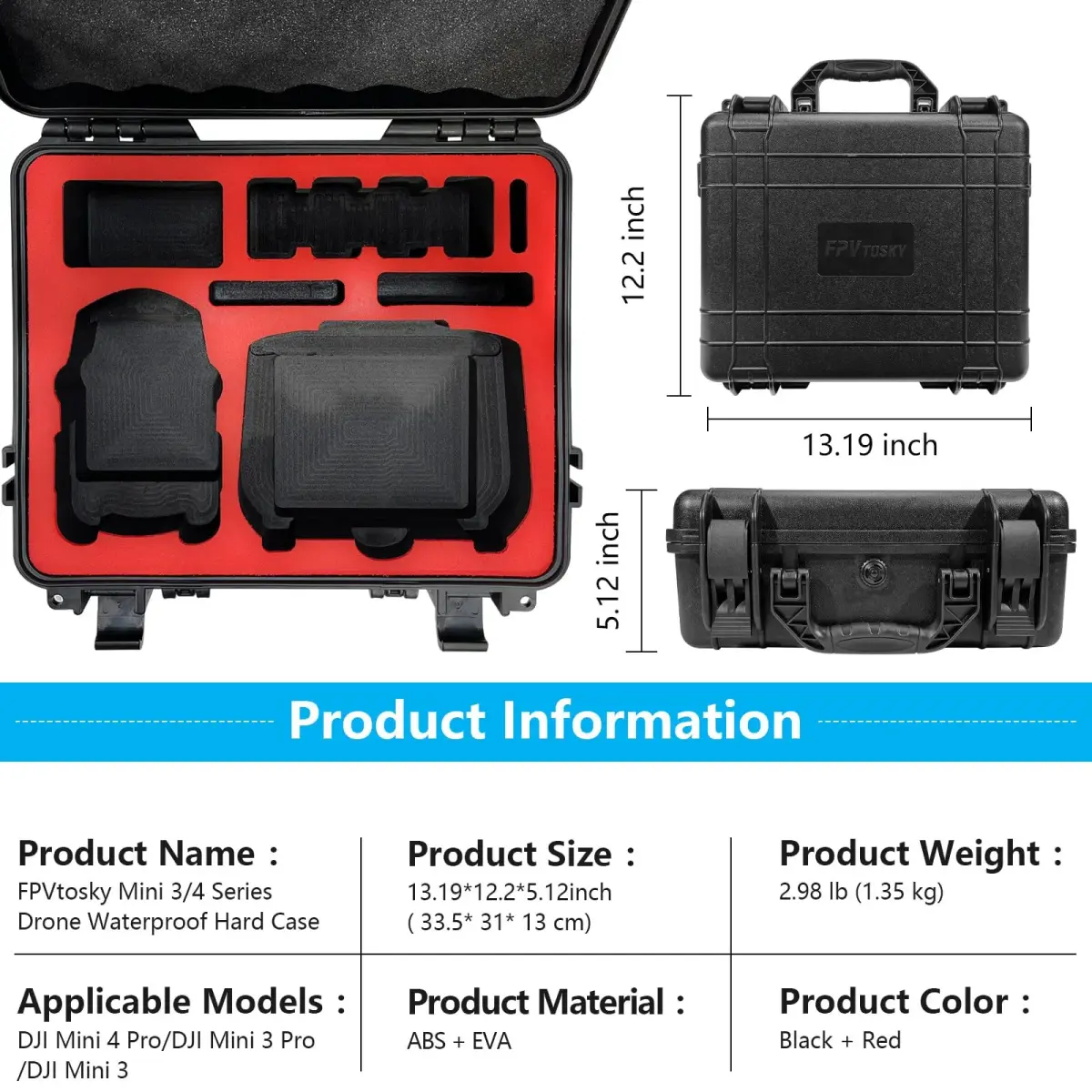 FPVtosky Hard Case for DJI Mini 4 Pro/Mini 3 Pro & RC 2 Controller, Waterproof Travel Case 34cm (13.19in) | Protects Drone & Accessories - view 3