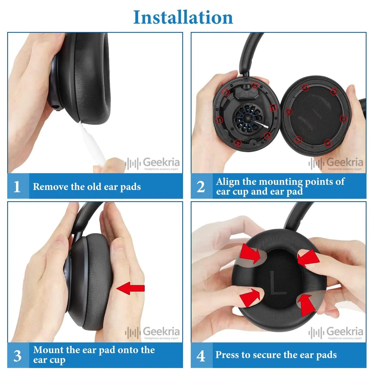 GEEKRIA Black Replacement Ear Pads for Anker Soundcore Space Q45 Life Q45 A3040 | 10.5 x 9.4 cm (4.1 x 3.7 in) - view 5