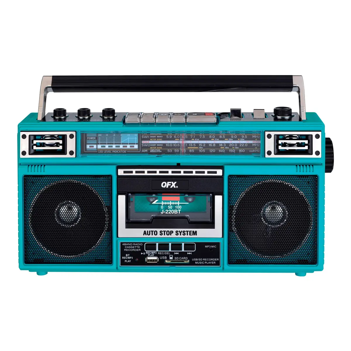 QFX Retro Bluetooth Boombox Cassette Tape Player Recorder J-220BT Aqua | Portable AM/FM/SW Radio & USB MP3 Player - main product image