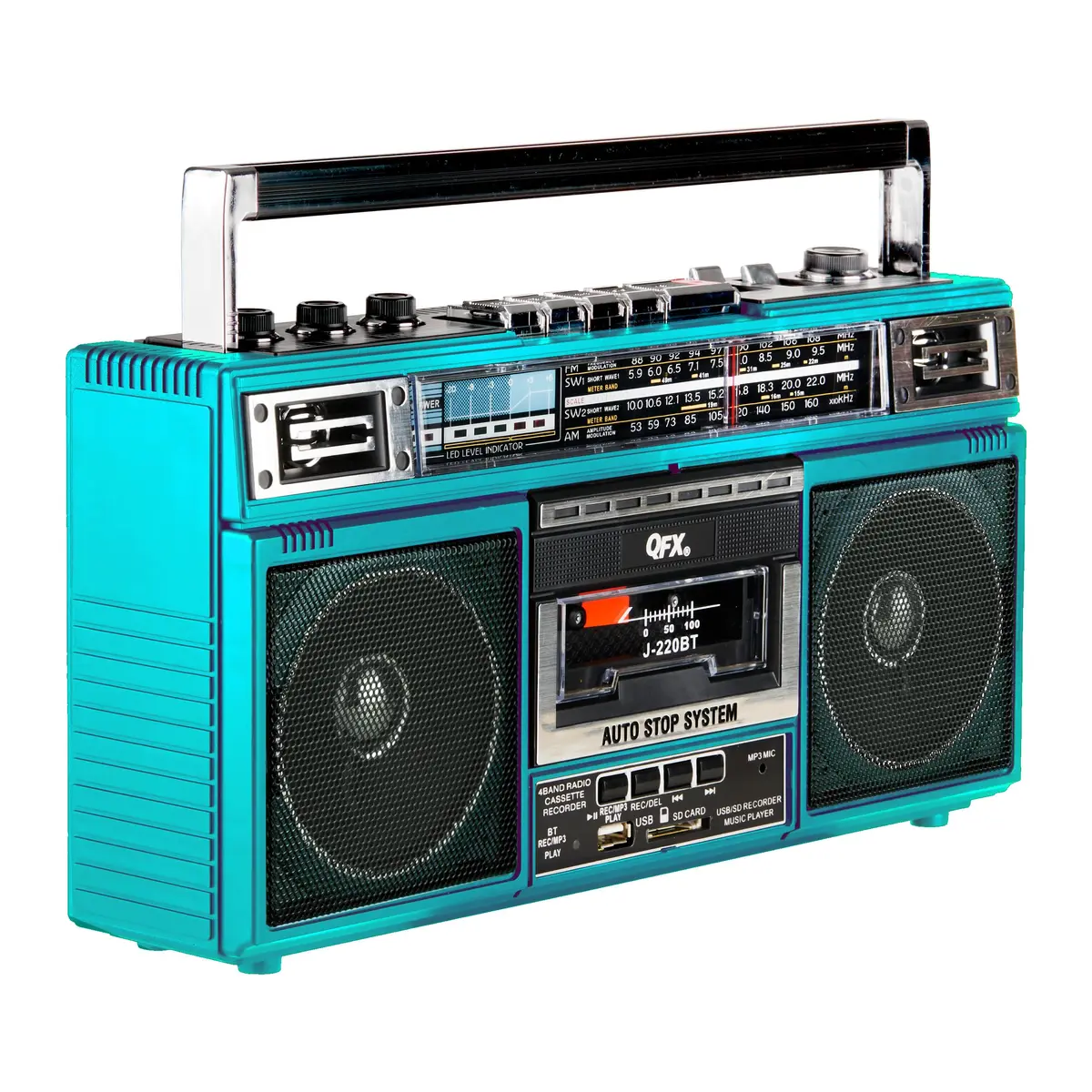 QFX Retro Bluetooth Boombox Cassette Tape Player Recorder J-220BT Aqua | Portable AM/FM/SW Radio & USB MP3 Player - view 5
