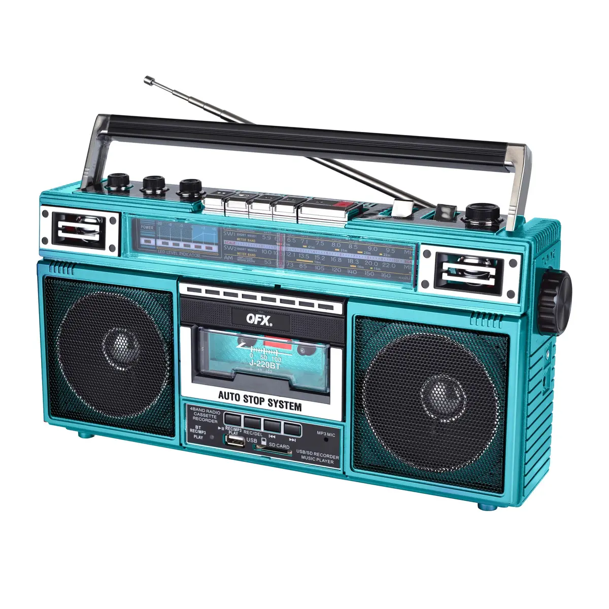 QFX Retro Bluetooth Boombox Cassette Tape Player Recorder J-220BT Aqua | Portable AM/FM/SW Radio & USB MP3 Player - view 2