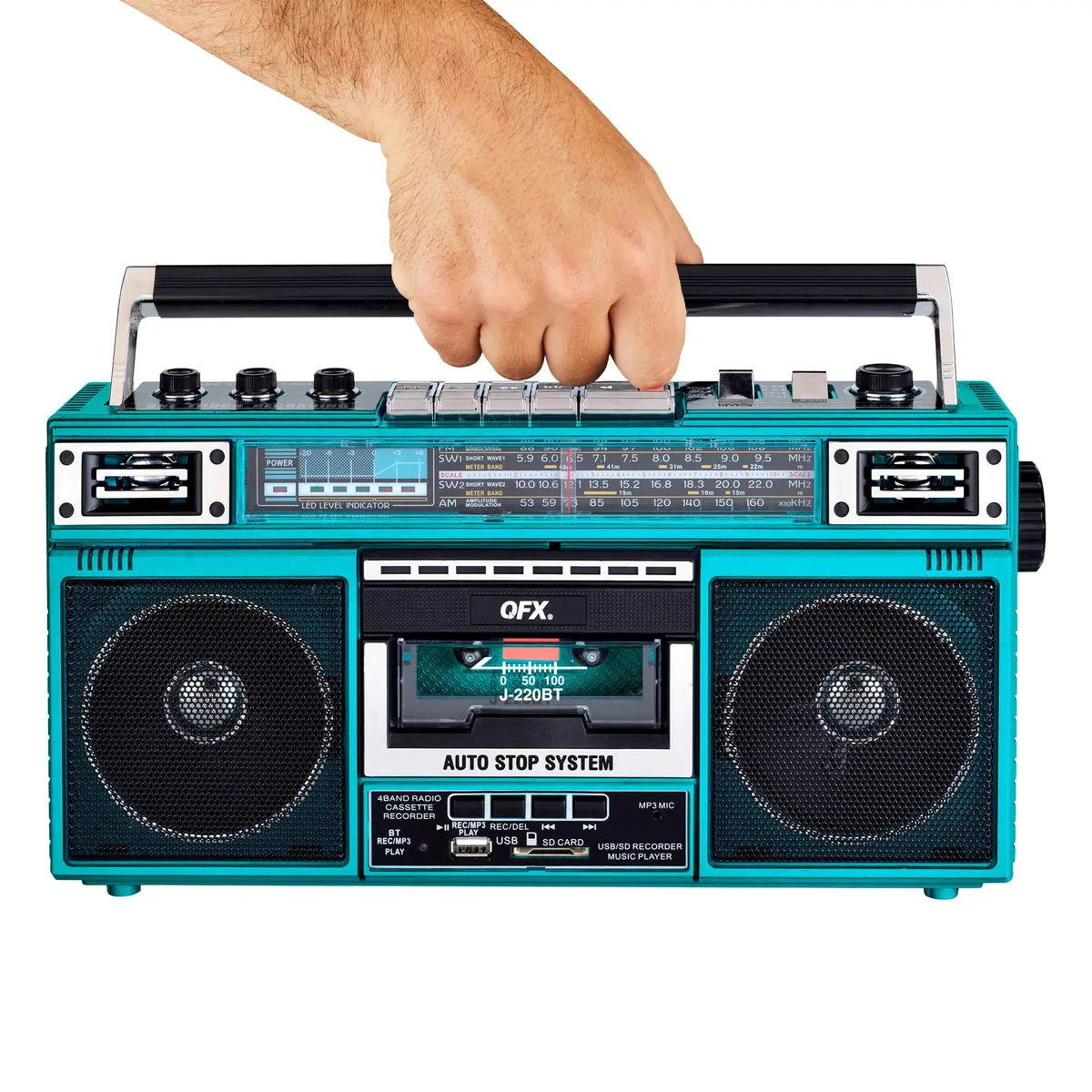 QFX Retro Bluetooth Boombox Cassette Tape Player Recorder J-220BT Aqua | Portable AM/FM/SW Radio & USB MP3 Player - view 3