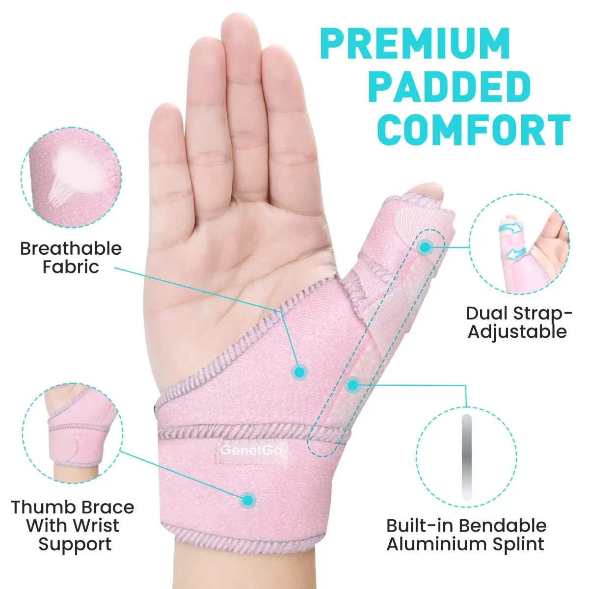 GenetGo Pink Trigger Thumb Splint Brace Stabilizer for Arthritis, Tendonitis, Sprains - Universal Fit (Right/Left Hand) - view 3