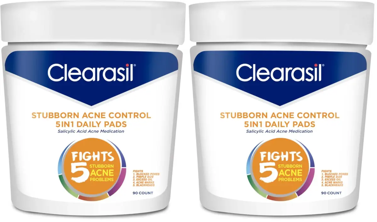 Clearasil Stubborn Acne Control 5in1 Daily Facial Cleansing Pads with Salicylic Acid 180 Count (Pack of 2) | Fights Pimple Size, Oil, and Marks - main product image