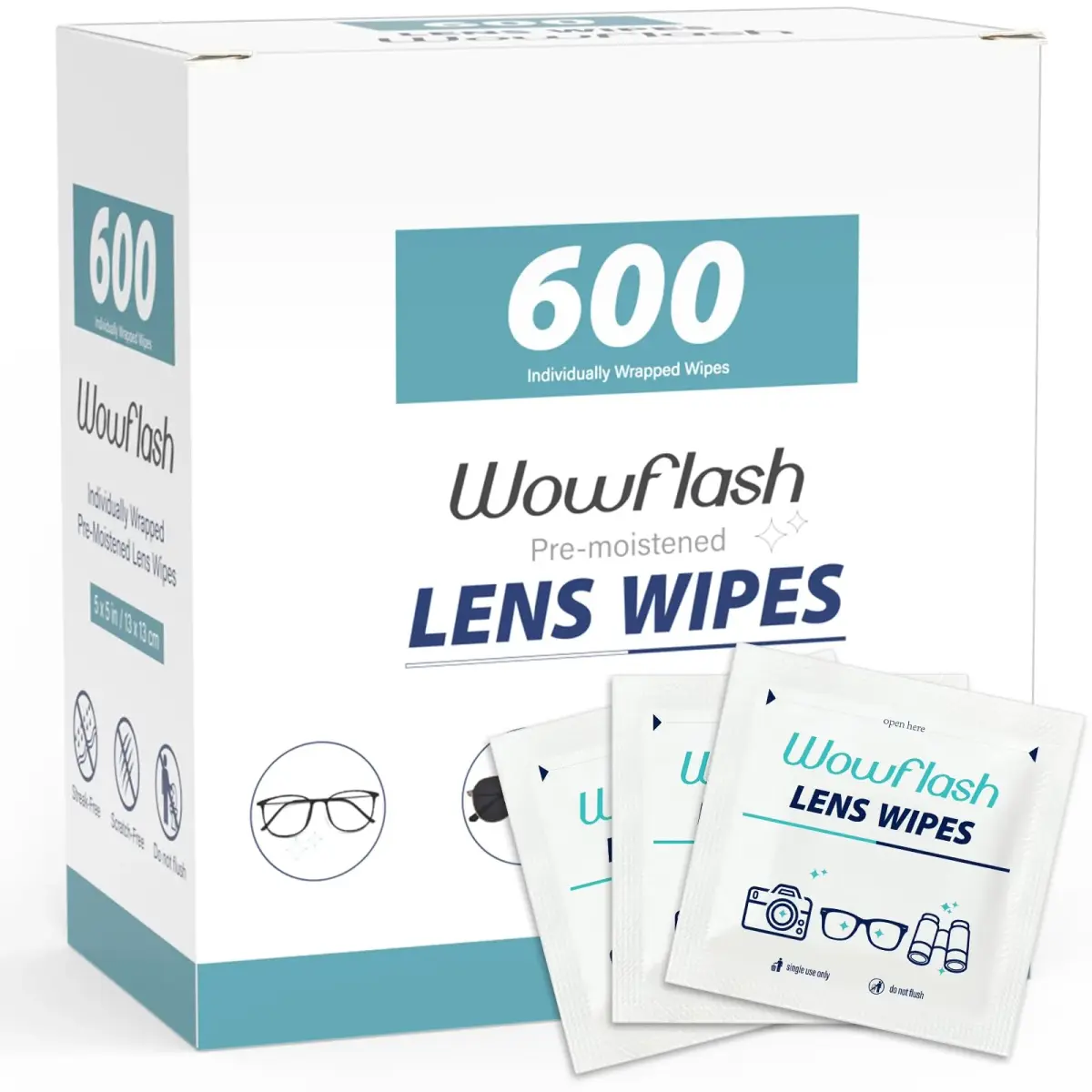 Wowflash Pre-Moistened Lens Wipes 600 Count | Streak-Free Cleaning for Eyeglasses, Sunglasses, Camera Lenses - main product image
