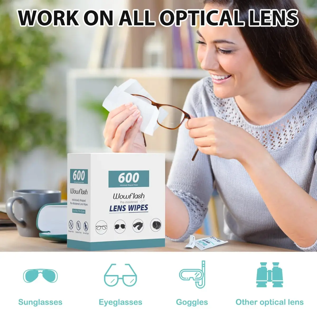 Wowflash Pre-Moistened Lens Wipes 600 Count | Streak-Free Cleaning for Eyeglasses, Sunglasses, Camera Lenses - view 2