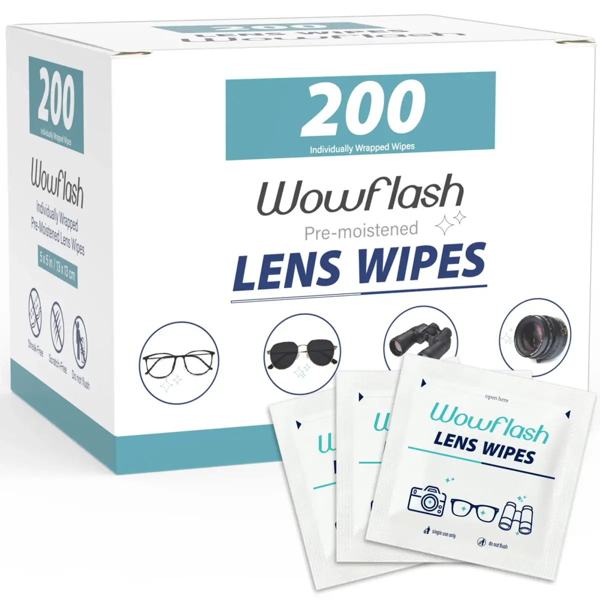 Wowflash 200 Count Pre-Moistened Lens Wipes | Streak-Free Cleaning for Eyeglasses, Sunglasses, Camera Lenses - main product image