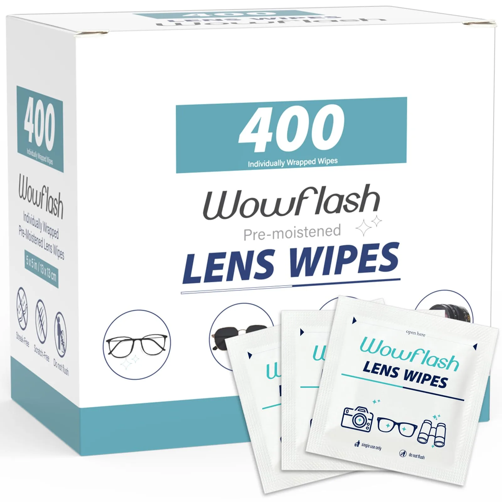 Wowflash Pre-moistened Lens Wipes 400 Count | Scratch-Free Streak-Free Cleaning for Eyeglasses - main product image