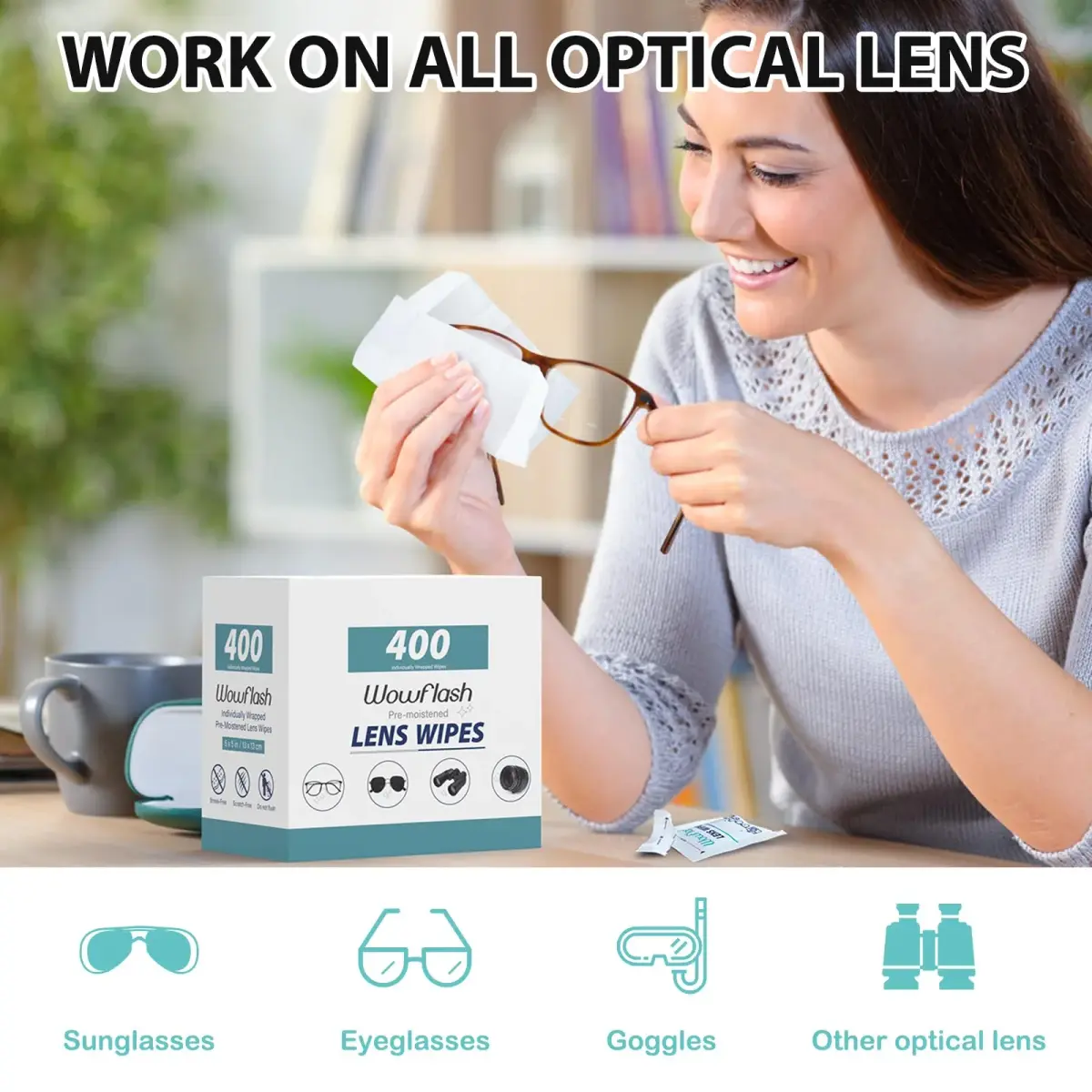 Wowflash Pre-Moistened Lens Wipes for Eyeglasses, 400 Count | Ammonia-Free, Streak-Free Cleaning - view 2