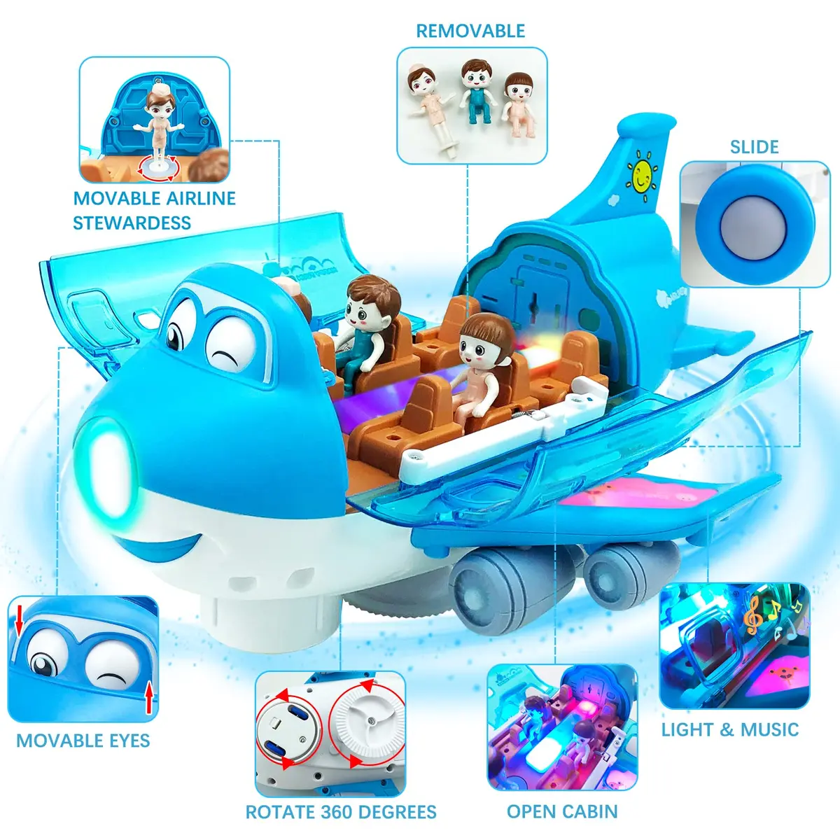 Ynybusi Electric Airplane Toy with Lights & Sounds for Kids 3+ Years, 10-inch Blue | Bump and Go Action - view 3