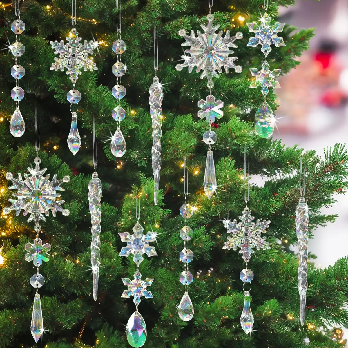 GuassLee Iridescent Acrylic Snowflake Ornaments for Christmas Tree Winter Wonderland Decorations (18 pcs) - view 8
