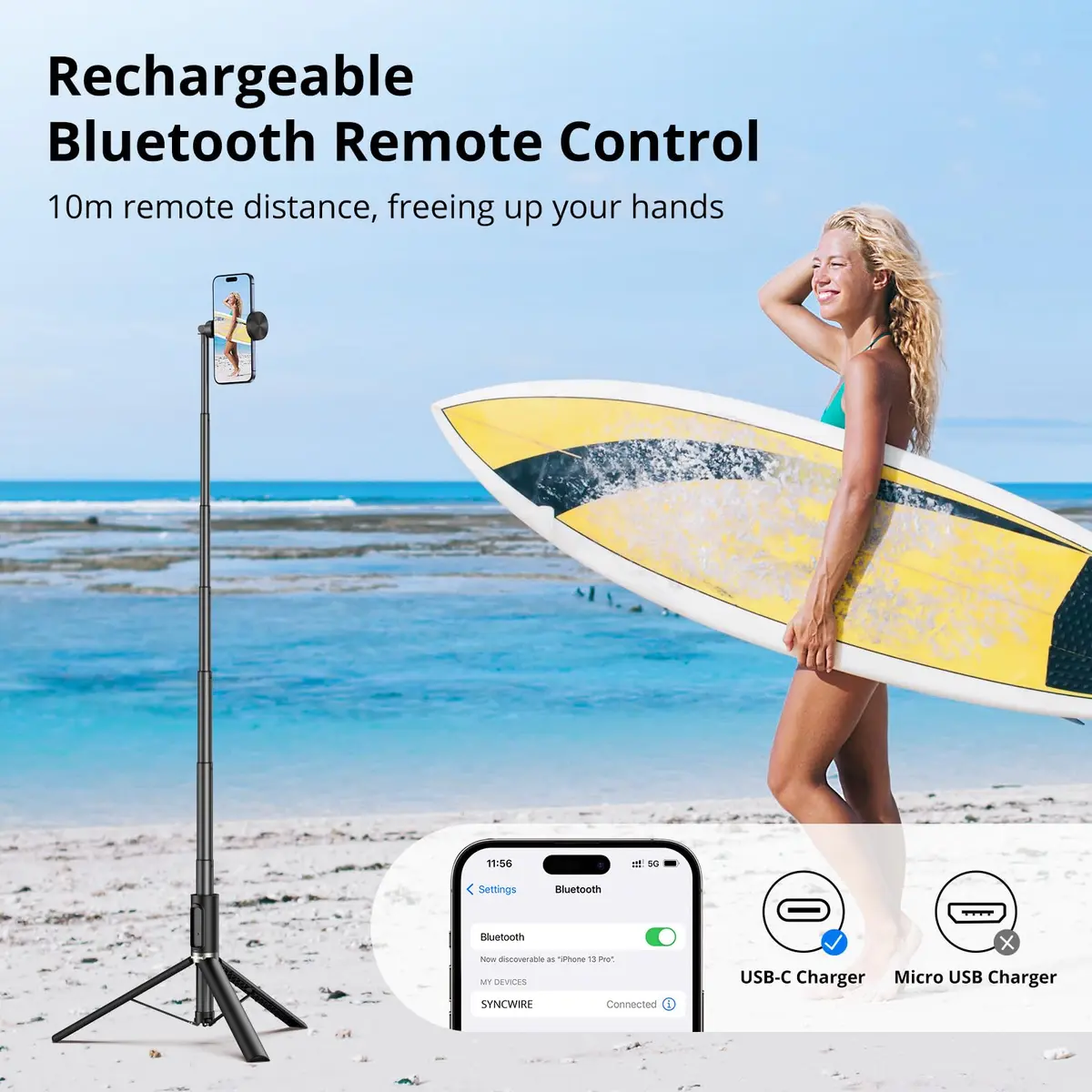 SYNCWIRE Selfie Stick Tripod 55" Aluminum Travel Phone Tripod with Remote for iPhone 17/16/15/14/13/12 Series and More Smartphones - view 6