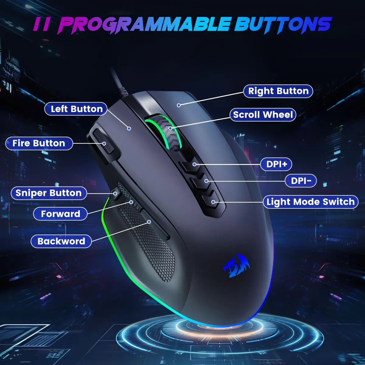 Redragon M614 Wired Gaming Mouse | Up to 8000 DPI, RGB Backlit, 11 Programmable Buttons, Ergonomic Design - view 3