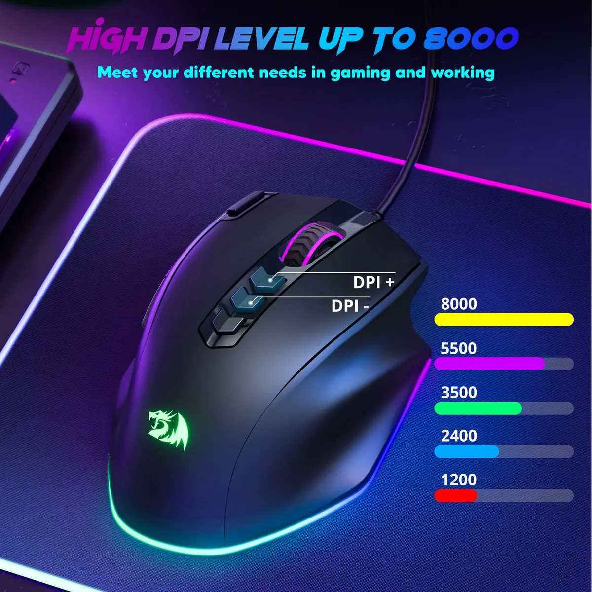 Redragon M614 Wired Gaming Mouse | Up to 8000 DPI, RGB Backlit, 11 Programmable Buttons, Ergonomic Design - view 4