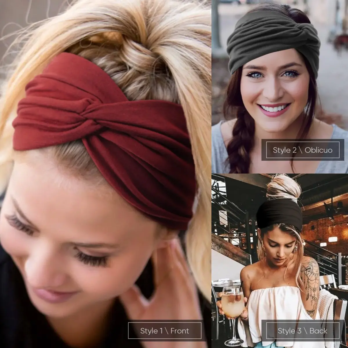 AQOKKA Extra Wide Turban Headbands for Women (4 Count, Red/Beige/Grey/Black) | Boho Elastic Hair Bands for Large Heads - view 4