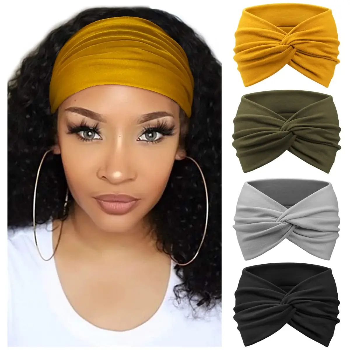 AQOKKA Extra Wide Turban Headbands for Women (4 Count, Yellow/Olive/Grey/Black) | Boho Elastic Hairband Accessories - main product image