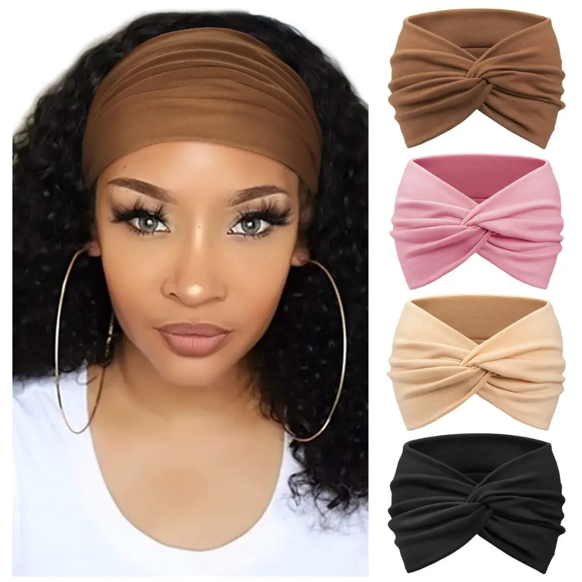 AQOKKA Extra Wide Turban Headbands for Women Large Non Slip Boho Elastic Hairband Twisted Knot Accessories | 4 Count (Pack of 1) - main product image