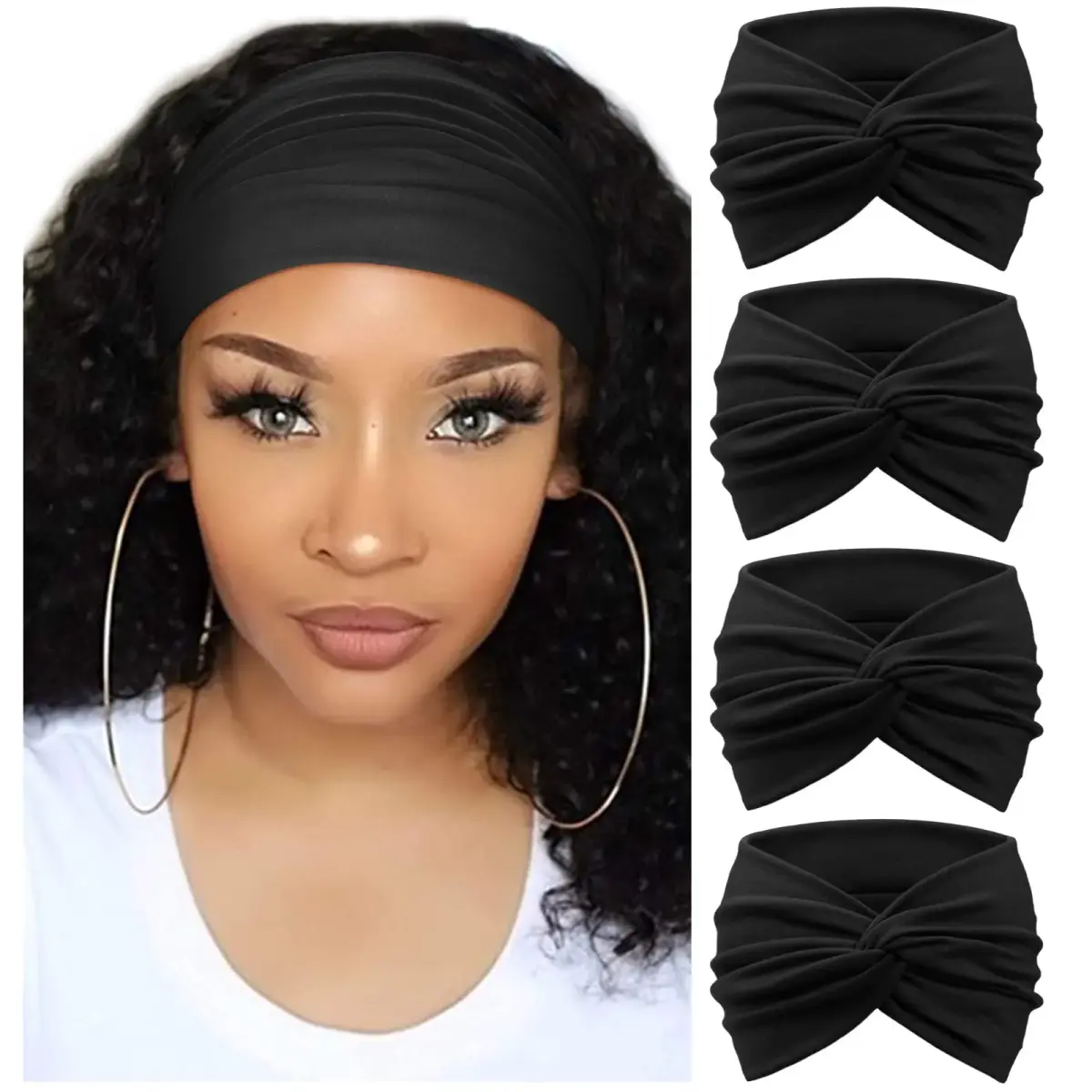 AQOKKA Extra Wide Turban Headbands for Women (4 Count, Black) | Boho Elastic Hairband Accessories - main product image