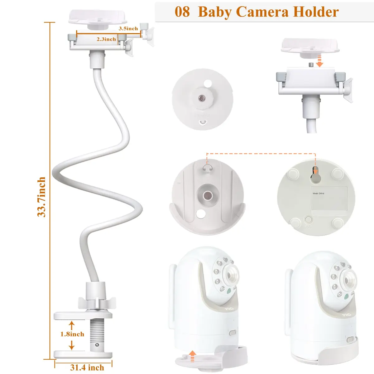 Derebir Flexible Baby Camera Mount Holder for Infant Optics DXR-8/DXR-8 PRO, 85 cm (33.4 inch) | Secure Crib Clamp for Clear Viewing - view 7