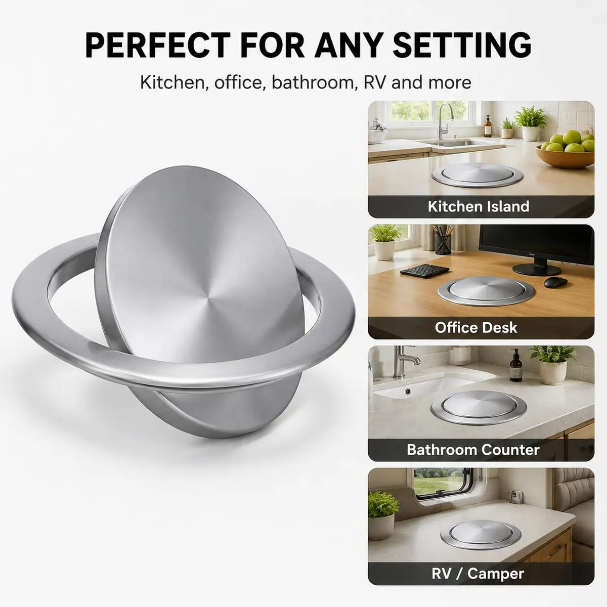Cabilock Recessed Countertop Trash Bin Lid, Stainless Steel, Silent Swing, 21x21cm | Space-Saving Kitchen & Bathroom Cover - view 7